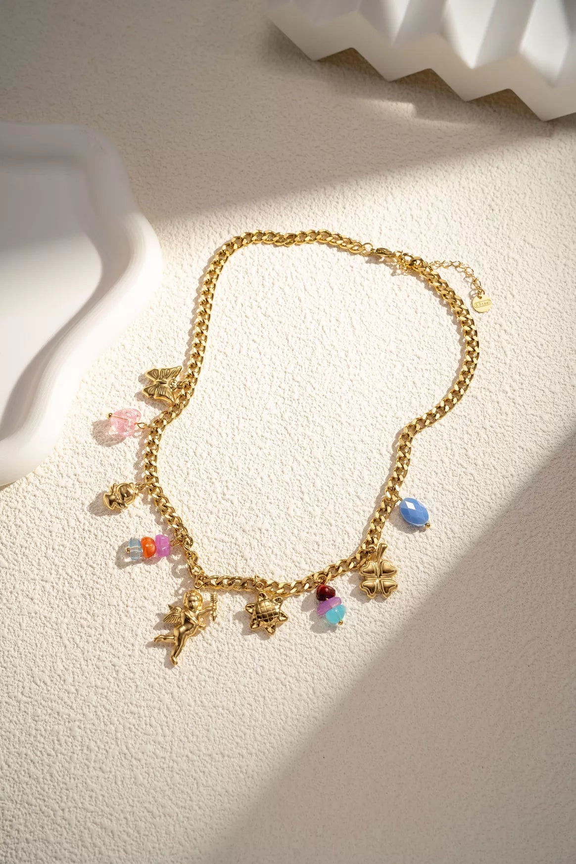 Collier breloques acier inoxydable doré Ange papillon soleil