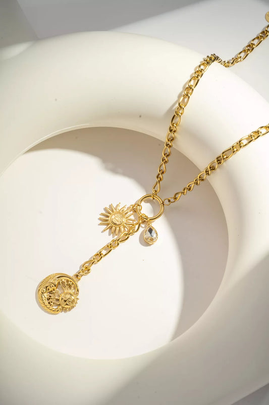 Collier en forme de Y avec pendentif Soleil & Lune en acier inoxydable