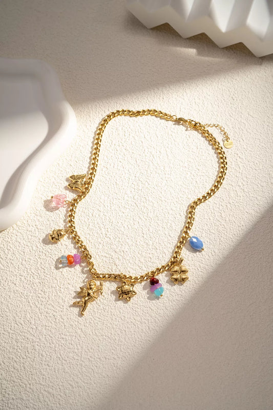 Collier breloques acier inoxydable doré Ange papillon soleil