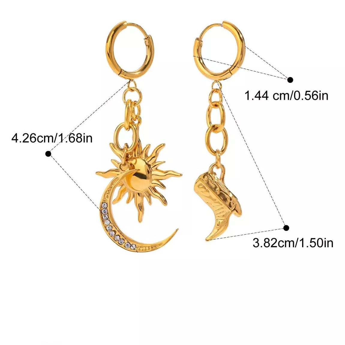 Boucles d’oreilles asymétriques Soleil Lune Botte acier