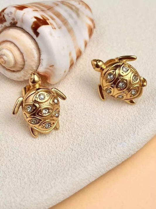 Boucles d’Oreilles Tortue Dorée Cristal Marin